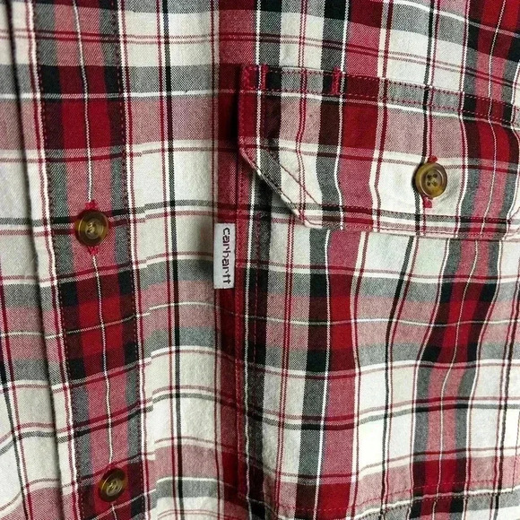 Carhartt Cotton Shirt Red Black Plaid Short Sleeve XL Button Down Relaxed Fit - Picture 6 of 9